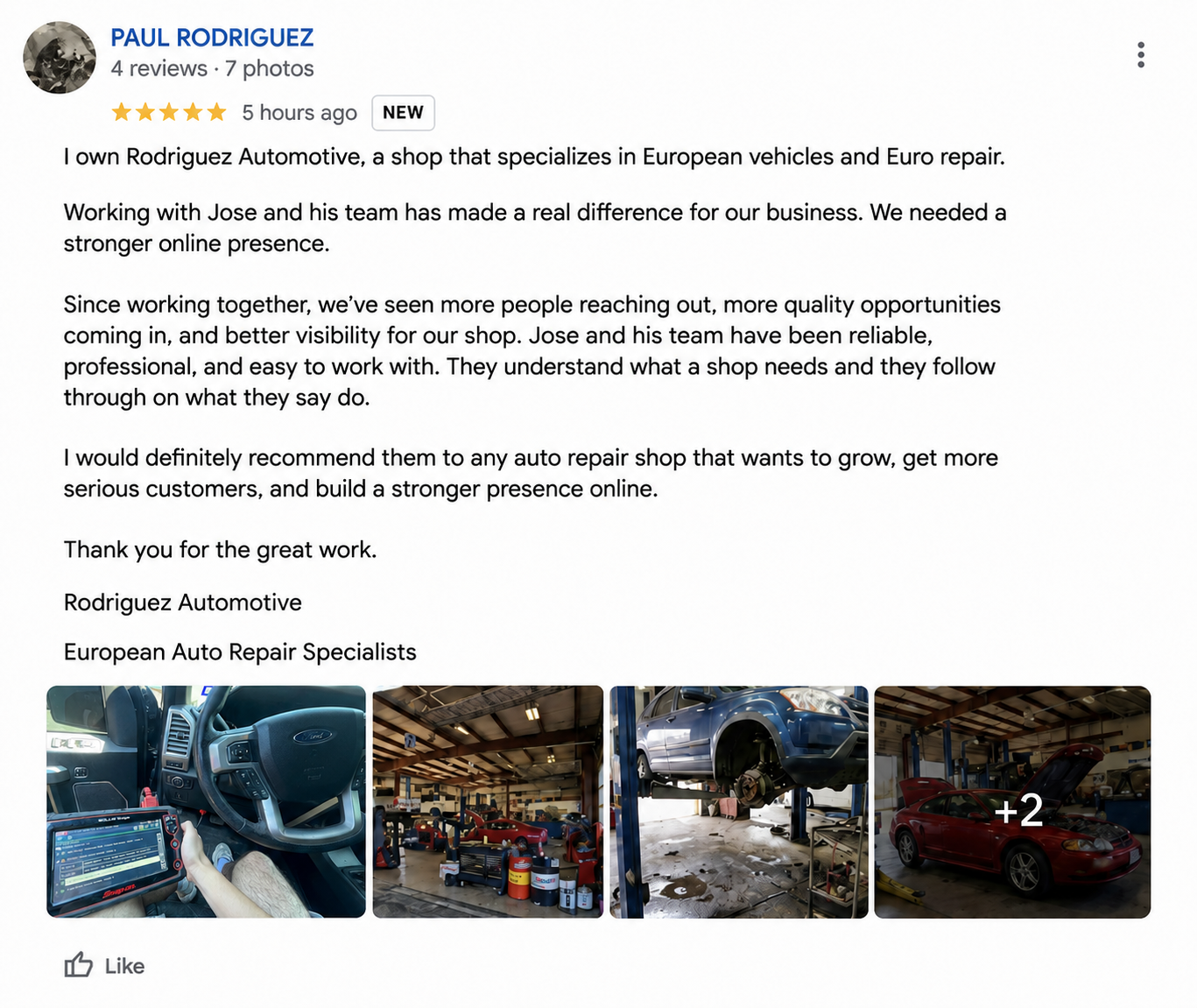 Google review from Paul Rodriguez of Rodriguez Automotive